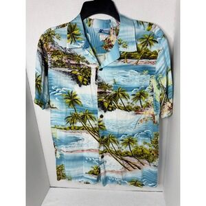RJC Made in Hawaii Boy's Shirt Size 18 Palm Tree Hawaiian Scenic Blue‎ Floral